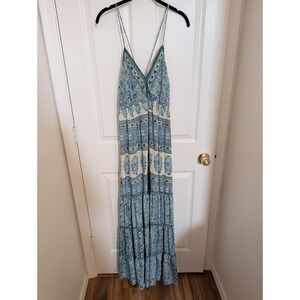 RAGA Women's Boho Floral Print Maxi Dress Green Trimmed Spaghetti‎ Strap Large